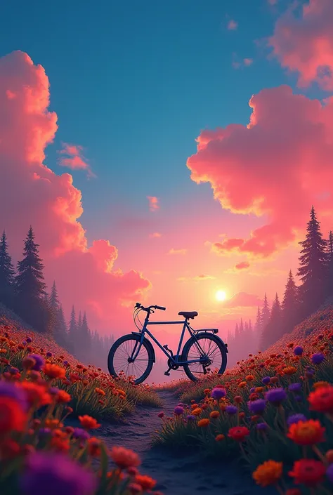 cinematic background blue and red sky and beautiful colorful flowers around the bike

