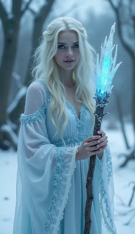 Ukraine Witch
A ghostly witch with pale, icy skin and glowing blue eyes. Her long blond hair is frost-covered, flowing around her face. She wears a tattered, snow-white gown with blue embroidery, glowing faintly with magical energy. She holds an icicle-lik...