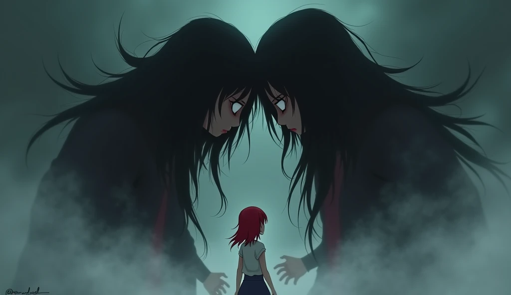 nightmare, Dark fog, frightened girl with red hair , behind the evil twin of a girl with black hair 