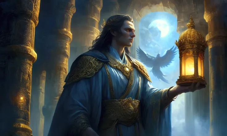 Creates an awe-inspiring backdrop under the rare blue moonlight, casting eerie light on an ancient, sacred temple. In the foreground, a figure with the upper half of his body wearing royal robes, an angel holding a glowing ancient scroll reveals a prophecy...