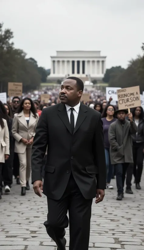 Martin Luther King Jr. is depicted walking along a cobblestone path, wearing a dark suit and tie. His gaze is fixed on the horizon with a look of hope and determination. Behind him, a diverse group of people marches in unity, holding signs advocating equal...