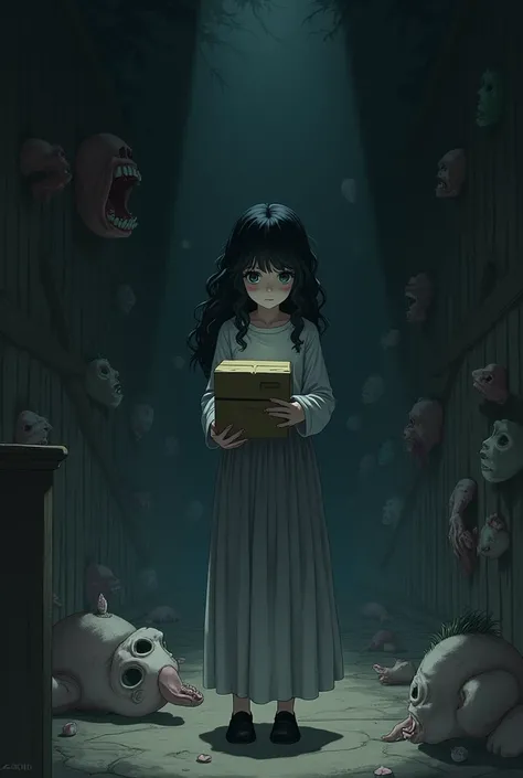  Girl with long curly black hair ,  wearing a long skirt ,  black shoes, looking at a box ,  is in a dark room full of short anime-like human parts