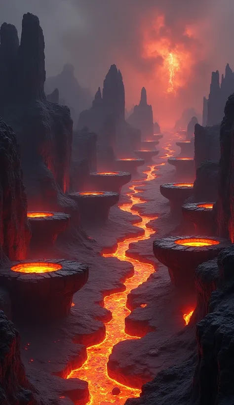 "Create an incredibly solid and grounded volcanic landscape with an emphasis on strength and stability. Imagine a vast, hardened lava field where thick rivers of glowing, molten lava flow through deep, well-defined channels. In the foreground, place massiv...