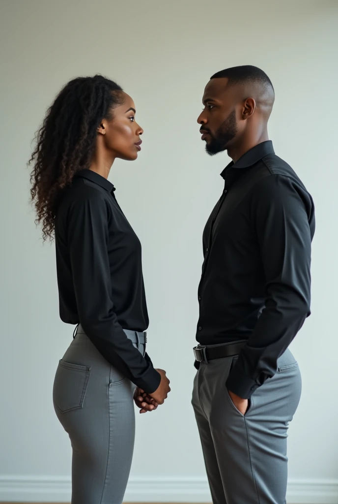 A picture of this same black man and woman standing apart and wearing a black shirt and grey pant no skirt- corporate look