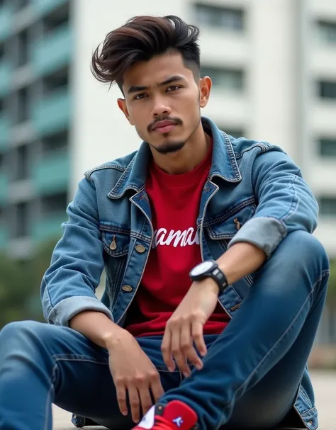 full body A handsome young Indonesian man aged 30 years with a cool dark brown hairstyle, sitting relaxed outdoors with a modern building in the background. He wore a blue denim jacket that looked fashionable, combined with a red sweatshirt that said "Mama...