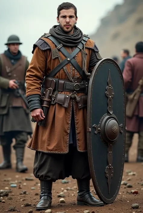 A man wearing an old Ottoman combat uniform and a black leather shield, which he carries on his right waist 