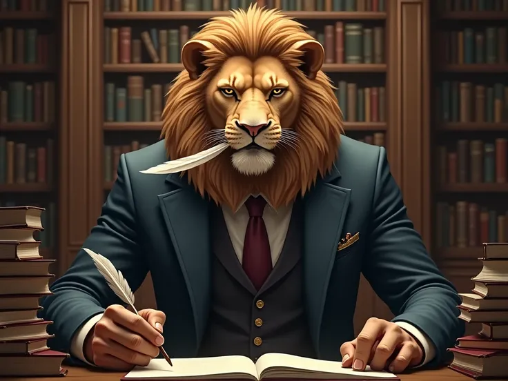 A fearsome lion is a human in a suit, with a feather pen in his mouth, and a book on both sides. On the back is a bookshelf.
