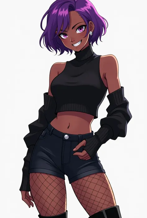 Anime style, young adult black woman, short purple hair, purple eyes, smug, black sleeveless sweater, black denim short shorts, fishnet leggings, black knee-high boots, smug smile, wide hips