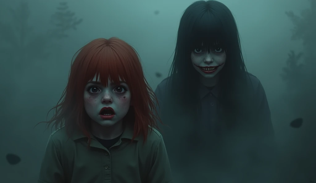 a realistic nightmare , Dark fog, frightened girl with red hair , behind is a twin girl with black hair and an angry smile,  looking forward 