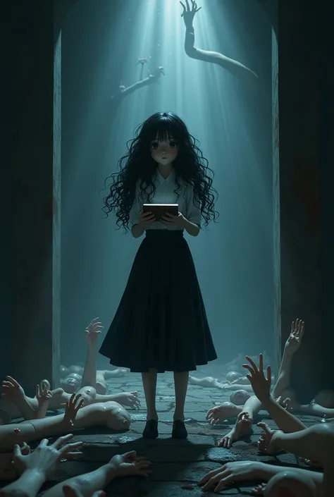  Girl with long curly black hair ,  wearing a long skirt ,  black shoes,  with a box in his hands ,  is in a dark room full of short human parts arms, legs, eyes, anime-like hands 