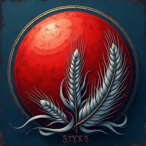  masterpiece. The red spherical logo has feathers used to write ink next to the circle, which occupies half the area of the circle, on a blue and black background., Stated as STYXS , , with a wheat plant surrounded by ,   Silver  , , with minimal reference...