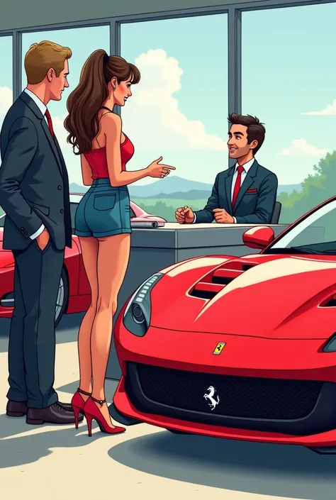 Two people by the desk selling a car one woman well dressed short skirt. On the right car ferrari and man, in the left woman, in the background other ones. Cartoon style easy drawing