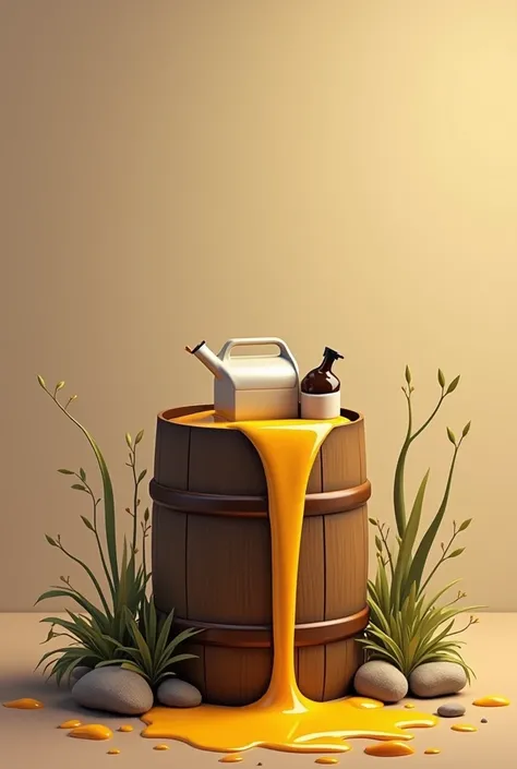 Make me a picture of the barrel of oil in a jerry can in one place with the oil coming out of the barrel, using the barrel color tamplate the dark brown jerry can white box, oil dark yellow, and for the background light brown with a touch of plants