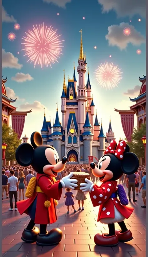 Create a detailed and festive New Years celebration scene with Mickeys family in front of Cinderella Castle. The setting is a lively plaza with many Disney characters. With fireworks in the sky and colorful decorations all around, the atmosphere is one of ...