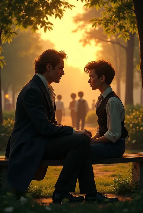 Oscar Wild and a teenager sitting on a bench in a park at sunset while talking they see, turning their eyes sharply at this group of boys with the telephone in the distance 