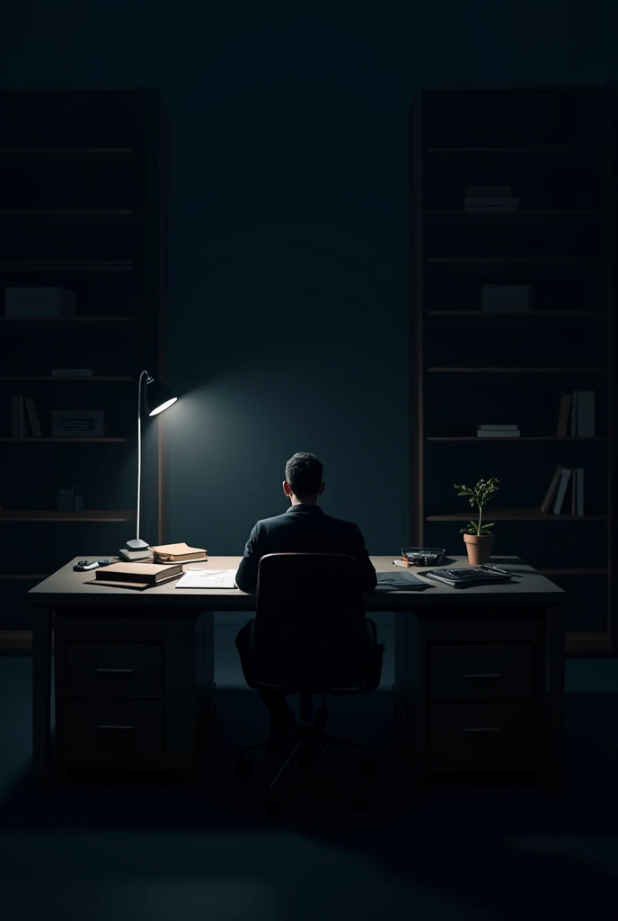 A dark setup like a office desk. 