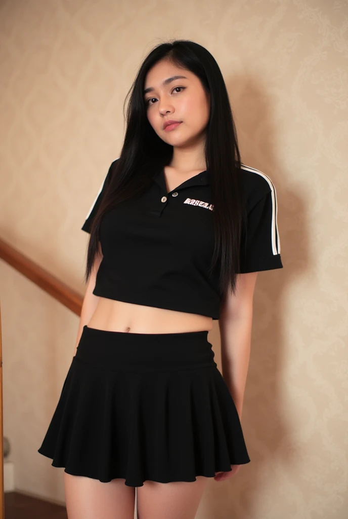 Real image High quality image Thai slighly chubby woman standing with back on a staircase. She is wearing a black crop top with white stripes on the sleeves and a black Peach cheerleader mini skirt with a ruffled hem and Show your butt cheeks. She has long...