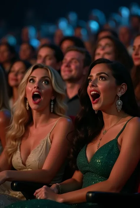 Create an image of two women sitting in an audience, visibly shocked and excited by a magical performance. The women have wide eyes and open mouths, reacting with amazement. The first woman has blonde hair, wearing a light-colored dress, and the second wom...