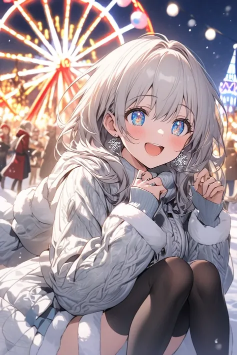 A cheerful anime-style girl with short, silver-gray hair and radiant blue eyes, dressed in a stylish white knitted mini-dress and black tights. She wears knee-high black boots with heels, silver earrings, and a delicate silver ring on her finger. Her outfi...