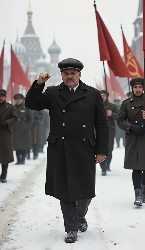 Vladimir Lenin walks through a snow-covered street, dressed in a heavy coat and hat. His hand is clenched into a fist, raised slightly as a sign of resolve. Behind him, workers and soldiers hold red flags and banners with revolutionary slogans. The domes o...