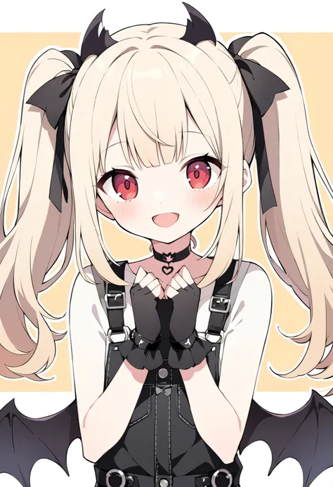  A digital illustration of a cute anime-style girl with twin tails 。Her hair is light blonde, 、 is tied with small black ribbons, and 、 has soft bangs adorn her face 。 she has big red eyes, 、 has a happy expression 、 looks like shes calling out something w...