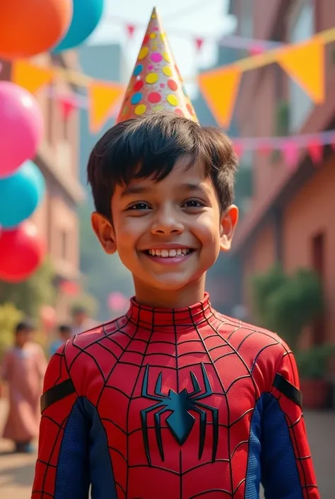 4 yrs indian boy with spider man outfit with birthday bacground
