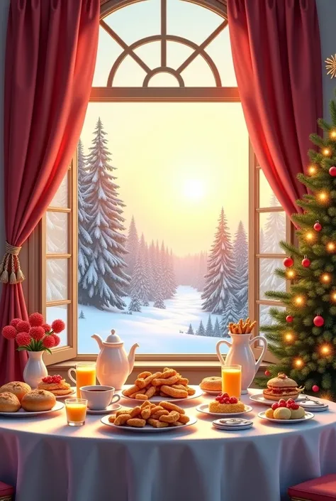 a whimsical scene of a delicious breakfast table, in a beautiful room with Christmas and New years decorations, in the background a beautiful huge open window with an amazing winter morning scenery. A happy day.  The morning sun is shining, and the image i...