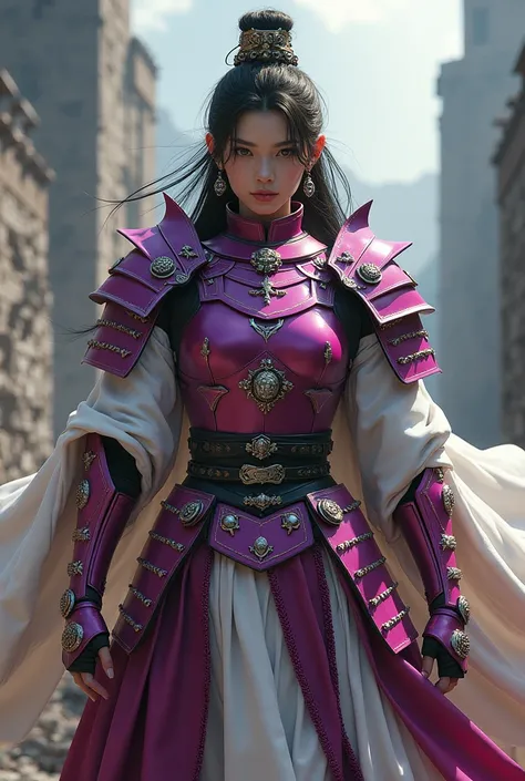 A japanese female knight, a dismissive face, magenta armor adorned with jewelry & sword, white robes, war wounds, conquered fortress background.