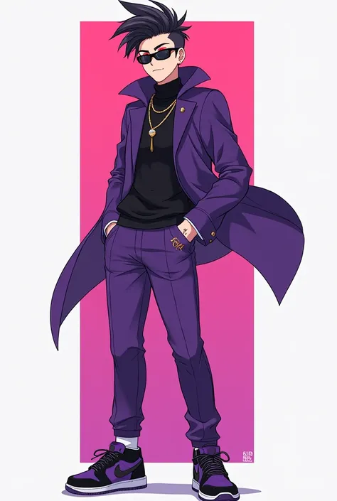 Anime character Gender: young male 
Shirt: purple suit
Pent: nike shoes
Face: just like miya sk8
Eye brows: red
Mask: black mask 
Hair: stylish hair like kira