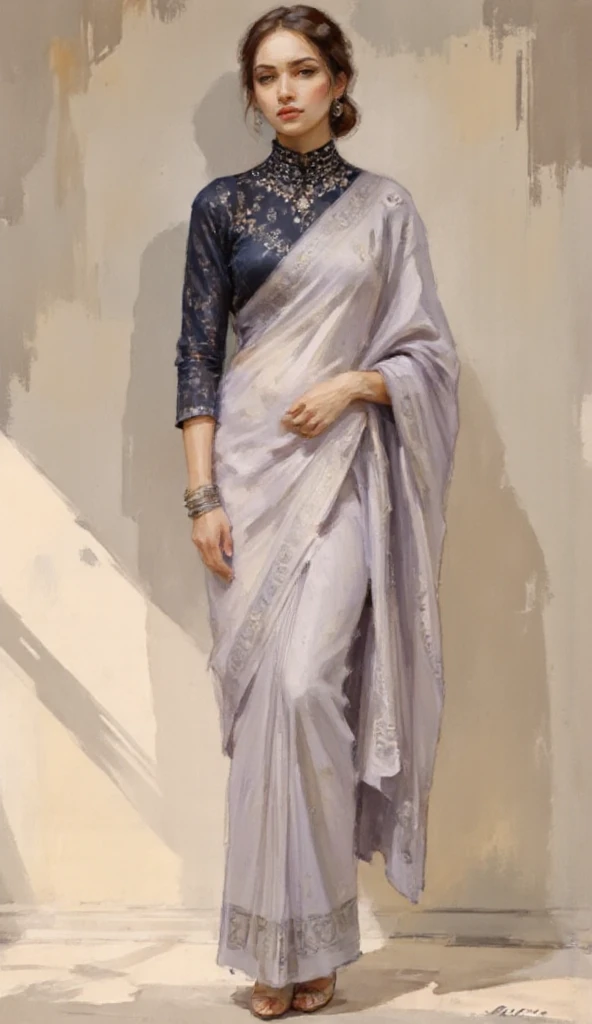 A highly detailed full-body fashion illustration of a young woman standing confidently in a neutral, professional, clean setting. She is dressed in an exquisite saree, featuring a soft pastel lavender base with intricate silver zari work along the borders ...