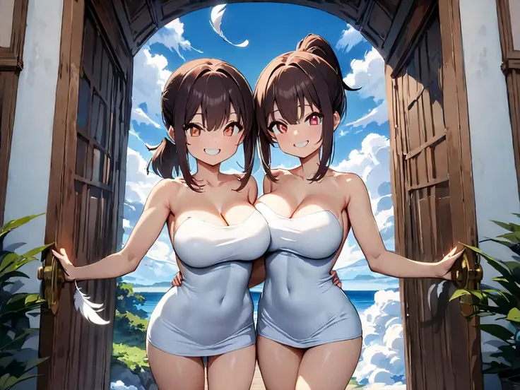 (  masterpieces at the front door of the house ,   top quality :1.2), ((( anime girl ２people))) , ((( twins))),   expressive eyes ,  sexy, Completely naked, ((( dark hair ponytail))). ((( straight hair))), (smile), (((Reddish brown eyes))), (((White feathe...