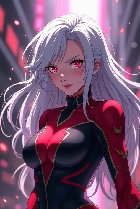  Female character from anime my hero academia, white hair color, red eye with white eyelashes ,  wears sexy and beautiful hero costume 