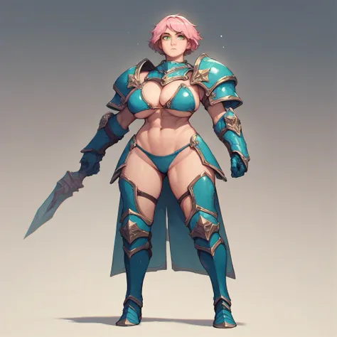 A girl with a short light pink hairstyle, with Height: 165 cm, large breast, green eyes, as she wearing a full body blue bikini armor