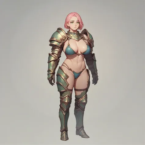 A girl with a short light pink hairstyle, with Height: 165 cm, large breast, green eyes, as she wearing a full body blue bikini armor