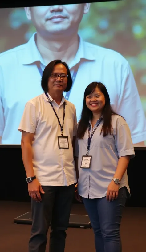 35.	A slim man with a typical Indonesian face and shoulder-length hair, wearing glasses and a wristwatch on his left hand, is standing on a stage wearing a nametag, posing for a photo with a presenter holding a marker. Behind them, a projector screen refle...