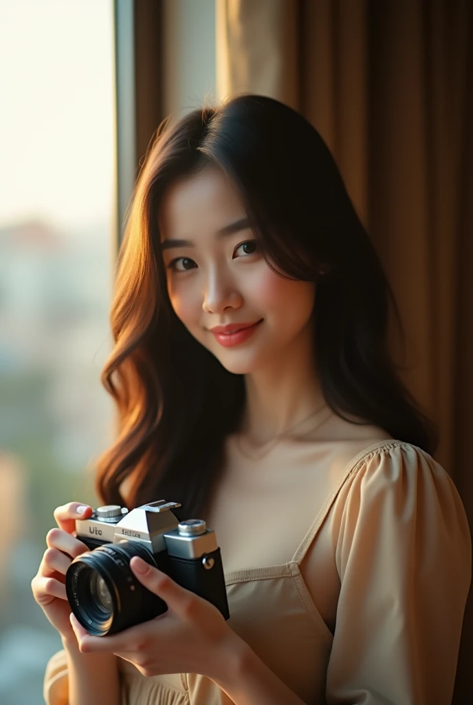 Stylish photography, Young Asian woman, long black hair, natural makeup, soft smile, holding vintage camera, beige dress, window light, city view, warm tones, indoor portrait, delicate necklace, romantic atmosphere, film photography aesthetic, soft focus, ...