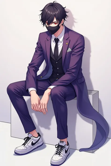 Anime character Gender: young cute male 
Shirt: purple suit
Pent: nike shoes
Face: just like miya sk8
Eye brows: red
Mask: black mask 
Hair: stylish hair like kira