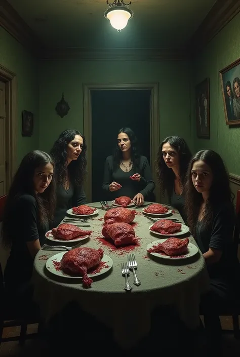 A dark, chilling depiction of a sinister family gathered around a dining table in a dimly lit, decrepit room. The family members-parents qnd ren wear eerie, unsettling smiles, their eyes glinting with malice. The table is adorned with grotesque dishes made...