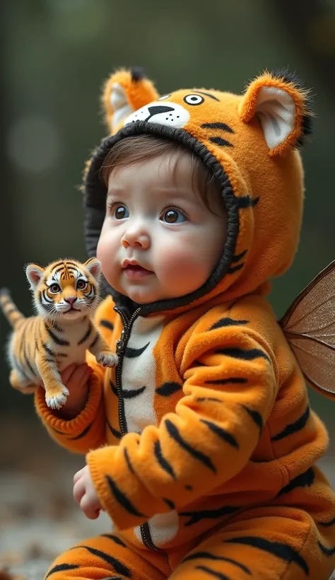 The image is a hyper-realistic, ultra-detailed 16K vertical portrait capturing a baby dressed in an elaborate tiger costume. The costume is intricately designed, with each scale rendered in exquisite detail, adding texture and depth to the outfit. The cost...