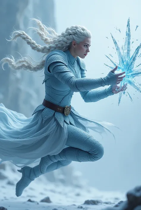 Pose: Leaping into the air, launching a barrage of icy shards from her hands.

Camera Angle: Side shot with motion blur emphasizing her action and the sharp hailstones.

Description: A fierce warrior woman with braided white hair, icy-blue eyes, and armor ...