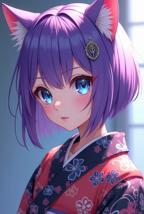 Purple straight hair 、Cat ear girl　Blue eyes 、 clear and clear eyes 、 sharp eyeliner 、 looking sideways and obliquely red and 、 kimono with colorful black flower patterns　 hair ornament