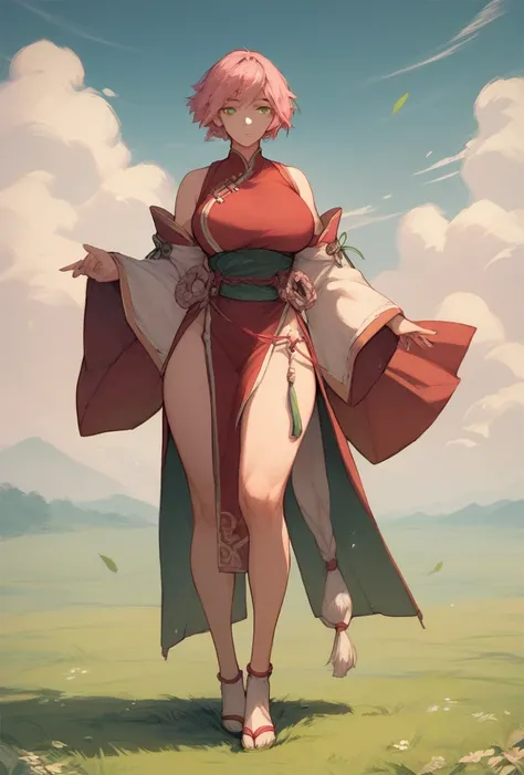 A girl with a short light pink hairstyle, with Height: 165 cm, large breast, green eyes, as she wearing a full body red kunoichi outfit on field