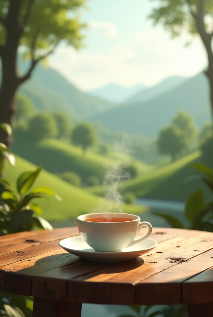 A cup of tea in a table with natural scenery as background 