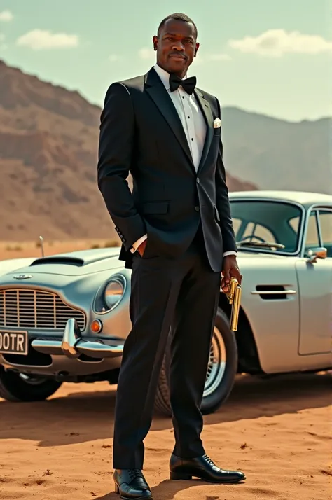 Dave Chappelle dressed as James Bond holding a Golden Bond Gun standing next to a 1966 Astin Martin in the desert with mountains in the background Holding a sign that reads, Im James Bond Bitch