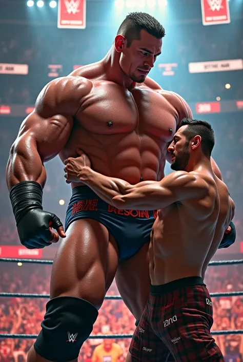 Gigantic john cena in underwear beating a man in the wrestling arena 