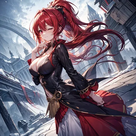 ultra detailed, extremely detailed CG, ２D anime,  anime style , from side, one eye closed, {{{Red long hair}}},  Best Quality , Two arms, Nozoru Regime ,  masterpieces at the front door of the house, cleavage, long bangs, Beautiful sides ,  Perfect Human M...