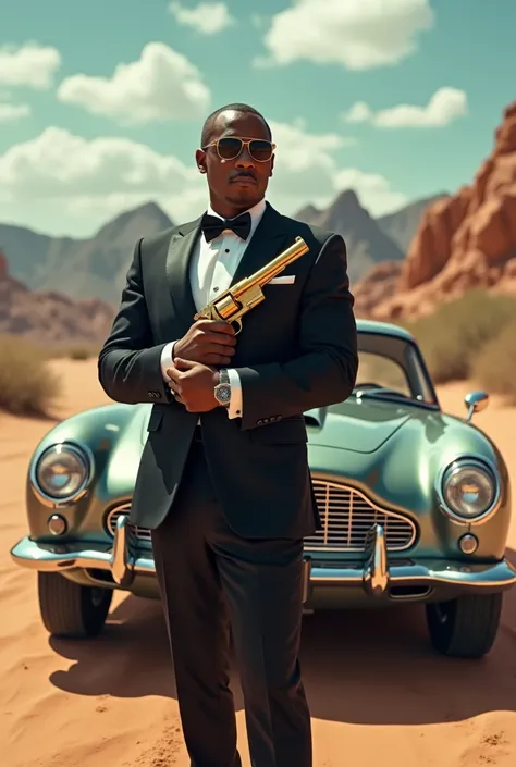 Dave Chappelle dressed as James Bond holding a Golden Bond Gun standing next to a 1966 Astin Martin in the desert with mountains in the background Holding a sign that reads, Im James Bond Bitch