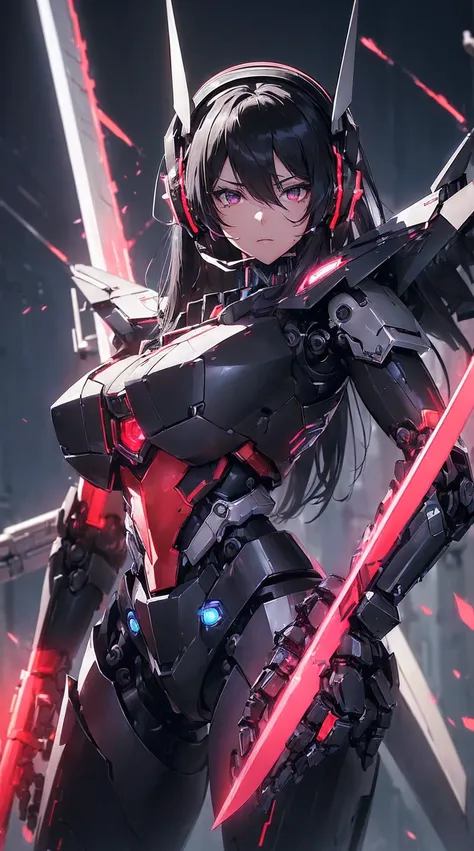 (( action pose:1.7))、((( Two-handed Weapon Style )))、((Possession of a sword:1.6))、(( Lenses Shining on the Chest :1.3))、(( red pillars of light radiating from both breasts ..:1.3))、((He has a red sword and a long rifle:1.6))、((8k)), ((32K)), (( top qualit...