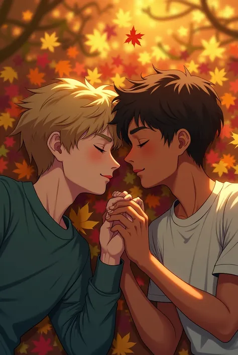  A blond boy of approximately  holding hands with another 17-year-old boy with brown skin and brown hair. the two of them lying on a pile of leaves .