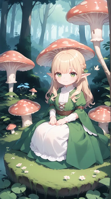 (( young girl )),(( a small forest elf )),((Elf costume)), sits on a huge mushroom , looks at the camera ,Fairytale environment ,Fairytale forest , in the background houses of elves,fantastic light 